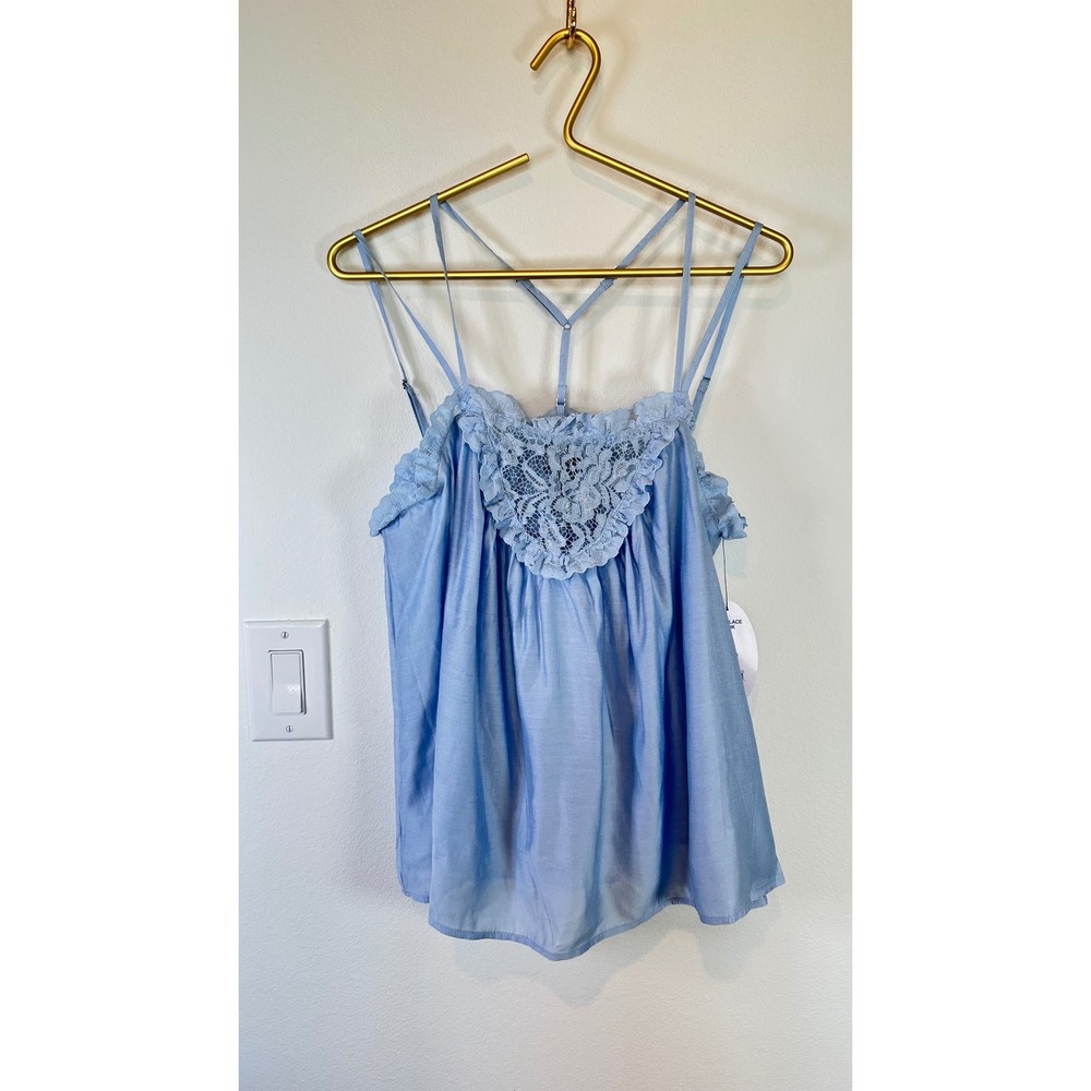 NWT Scoop Flowy Lace Tank Oversized S Blue Lace Trim Romantic Breezy Drape - Picture 7 of 12
